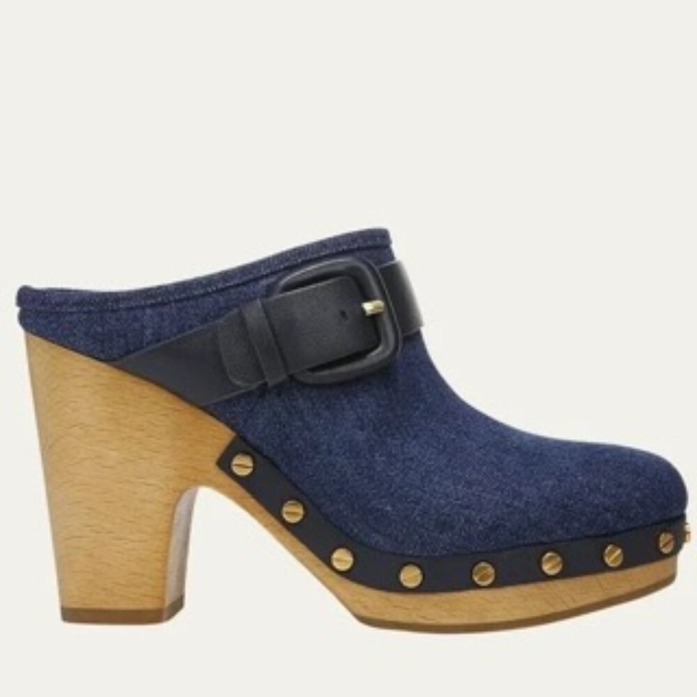 NWOT Veronica Beard Dacey Denim Leather Buckle Mule Clogs Heels Size 6.5